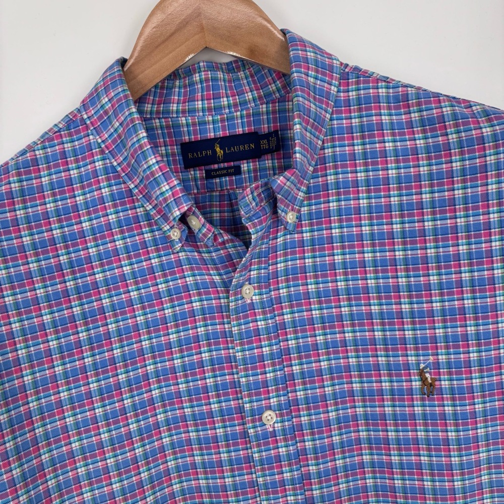 Polo Ralph Lauren Oxford Shirt Mens XXL Blue Pink Check Heavyweight Preppy